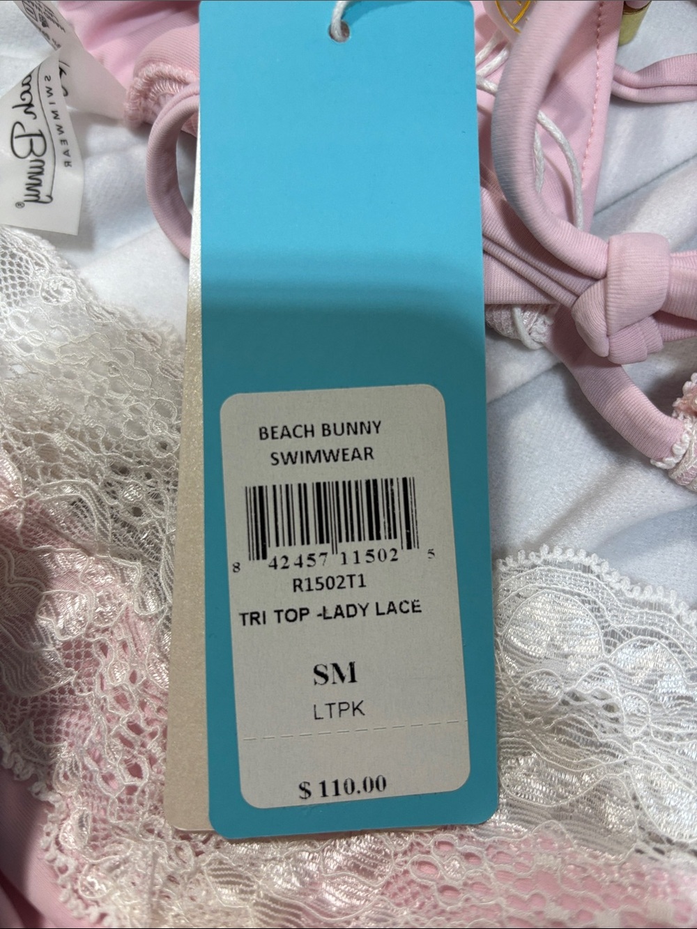 BEACH BUNNY Tri top 2 PIECE BIKINI skimpy LADY LACE SOFT BABY PINK SET NWT S - Picture 15 of 16